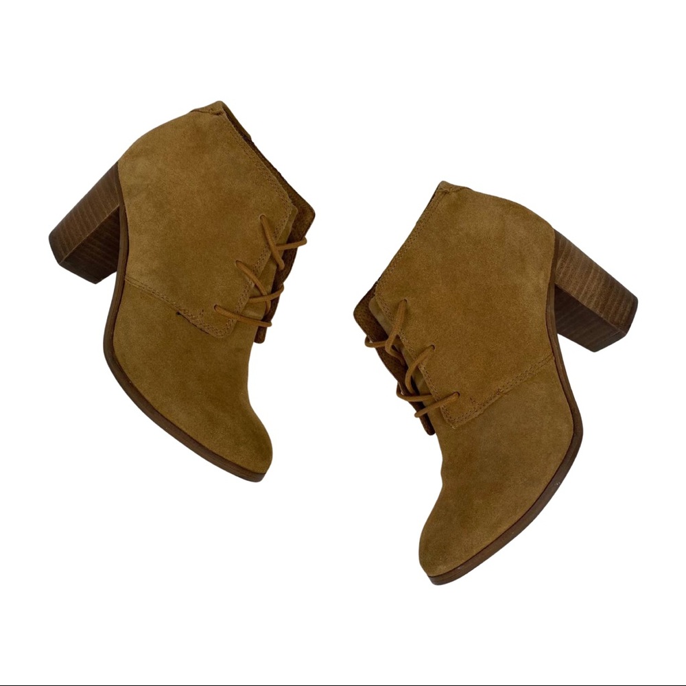 Toms Lunata Suede Lace Up Block Heel Booties Tan
